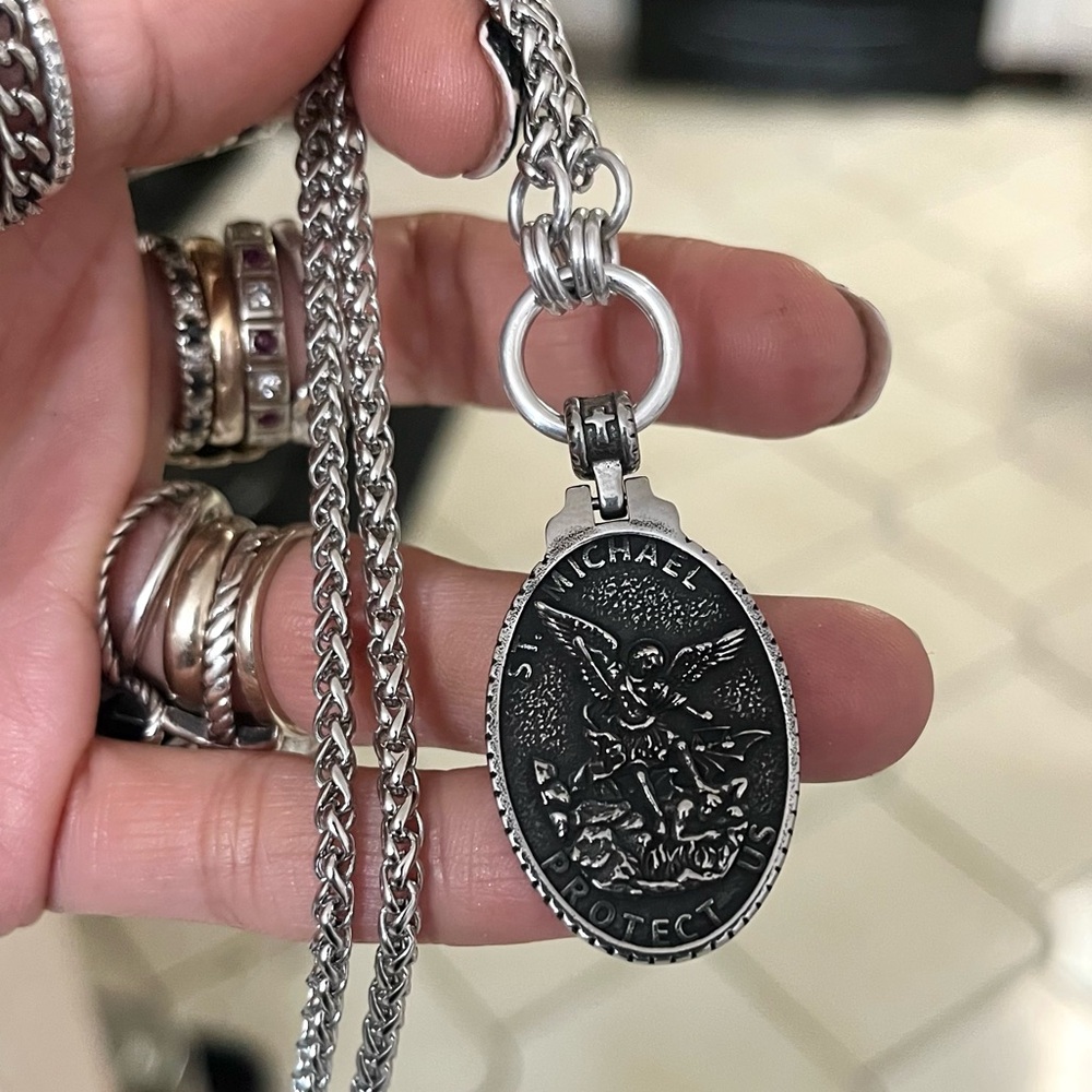 Handmade wheat chain stainless steel necklace with st Michael medal charm - Picture 7 of 13